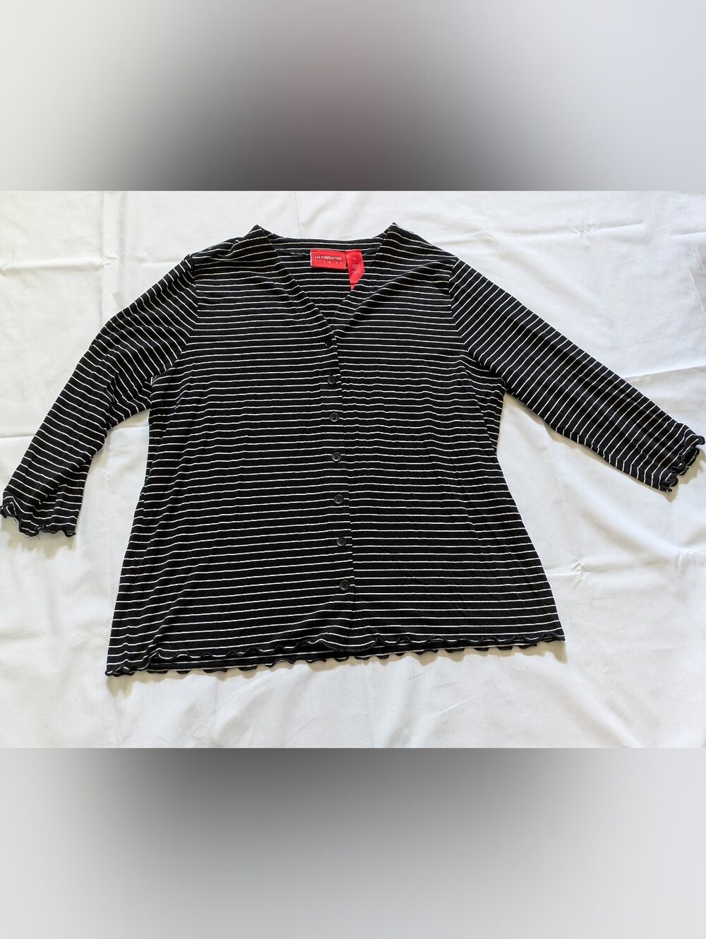 White Striped V-Neck 3/4 Sleeve Button Cardigan